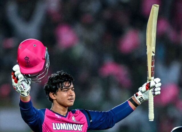 Vaibhav-Suryavanshi-of-Rajasthan-Royals-celebrates-after-scoring-a-century-during-Indian-Premier-League-match-against-Gujarat-Titans-at-Sawai-Mansingh-Stadium-Jaipur